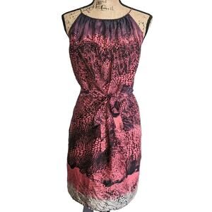 DKNY JEANS Petites Halter Midi Dress Size PM Pink Ombre Snake Print Tie Belt